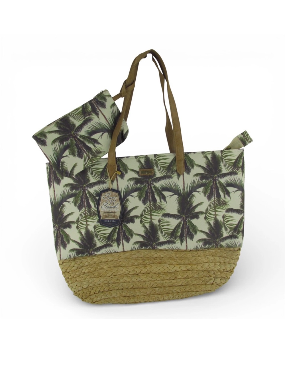 Palm-Print Straw Tote with Tan Handles - Green